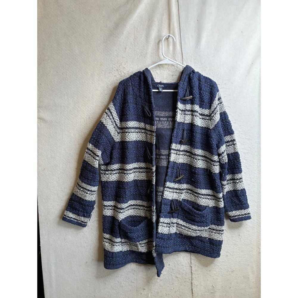 Chaps Womens 1X Blue White Striped Toggle Hooded Cardigan Sweater Knit Pockets